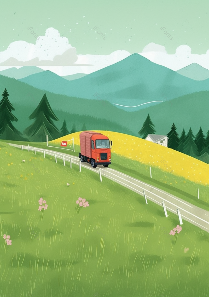 停在乡村道路上的货车,插画/手绘图,插画/手绘图库,插画/手绘图下载,插画/手绘